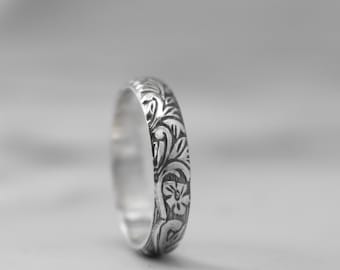 Leaves and Flowers Sterling Silver Band Ring, floral Stack Ring, Nature Lover Gift
