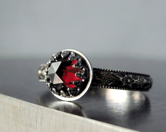 Sterling silver and Garnet ring, red gemstone, January birthstone jewelry