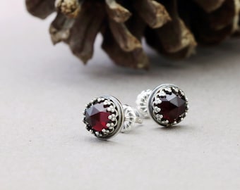 Garnet and Sterling Silver stud earrings, red gemstones, January birthstone jewelry