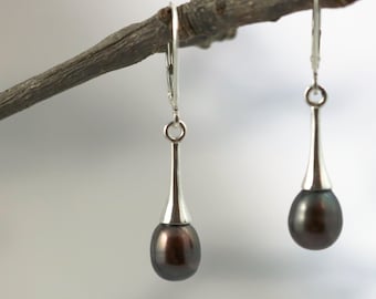 Pearl and Sterling Silver Drop earrings, genuine dark freshwater pearl jewelry, June birthstone gift