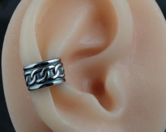 Sterling Silver ear cuff, chain link design, wide ear wrap, antiqued