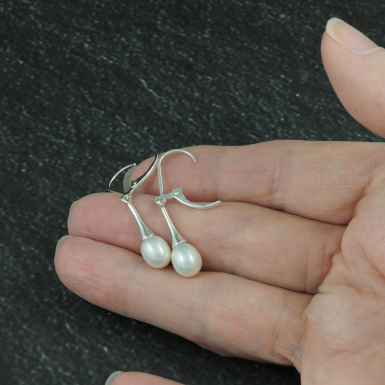 Pearl Teardrop earrings, Sterling Silver white pearl drops image 4