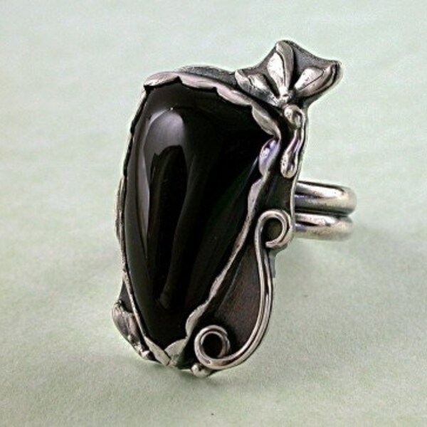 Black Onyx and Sterling Silver Handcrafted Ring - Belladonna