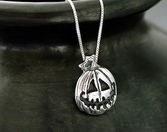 Jack o' Lantern necklace Sterling Silver, Pumpkin pendant, Halloween jewelry