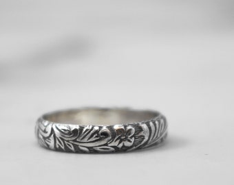 Floral Sterling Silver Band Ring, Flower and Leaves Stack Ring, Nature Lover Gift