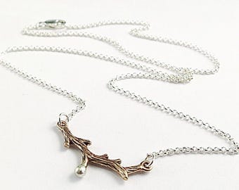 Little Twig necklace in Bronze and Sterling Silver,  tiny branch necklace, Nature inspired jewelry gift