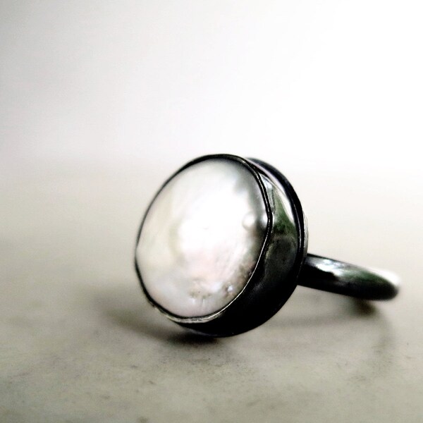Pearl ring, Sterling Silver, white coin pearl, white gem ring, oxidized, June Birthstone