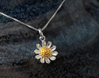 Sunflower necklace, Two tone sterling silver and gold flower pendant, Nature jewelry
