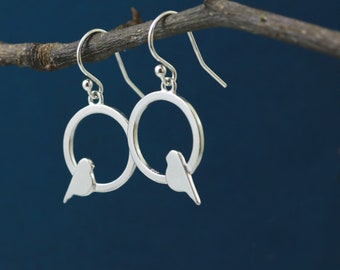 Bird earrings in Sterling Silver, circle dangles, Bird themed gift