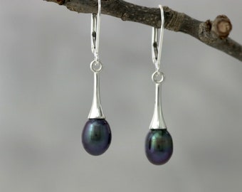 Pearl and Sterling Silver Drop earrings, genuine dark freshwater pearl jewelry