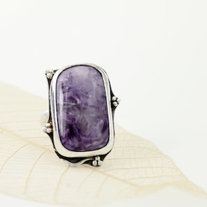 Charoite Gemstone and Sterling Silver Statement Ring, One of a Kind purple stone ring, size 7 3/4