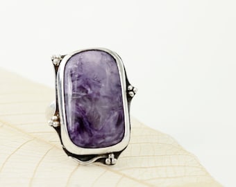 Charoite Gemstone and Sterling Silver Statement Ring, One of a Kind purple stone ring, size 7 3/4