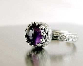 Amethyst and Sterling Silver ring, genuine purple gemstone in crown setting on floral band, February Birthstone jewelry gift
