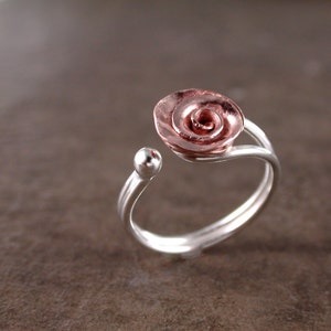 Rose ring in copper and sterling silver, adjustable, Flower jewelry