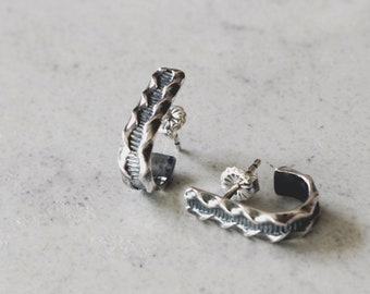 Sterling Silver patterned Half Hoop earring, small antiqued J hoops