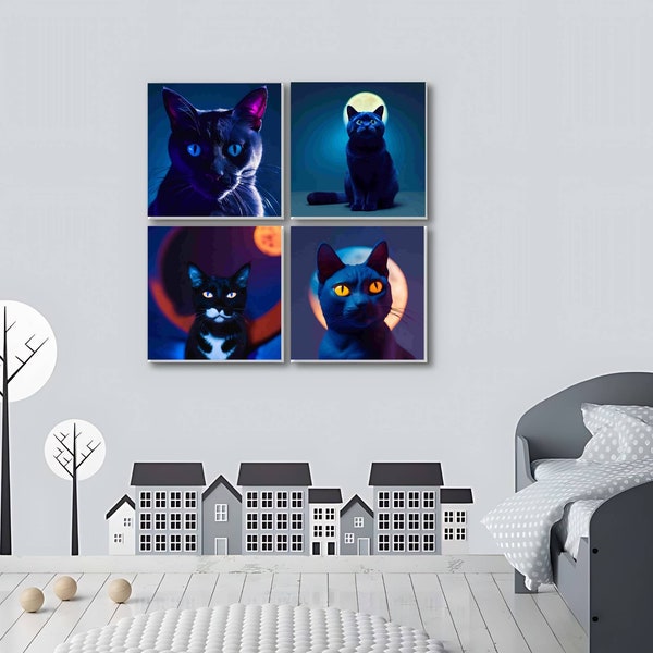 Blue Feline, Vibrant Whiskers, Cat Quadruplets, Purr Prints, Indigo Cats, Azure Meow, Standalone Felines, Sapphire Fur, Digital Decor Cats