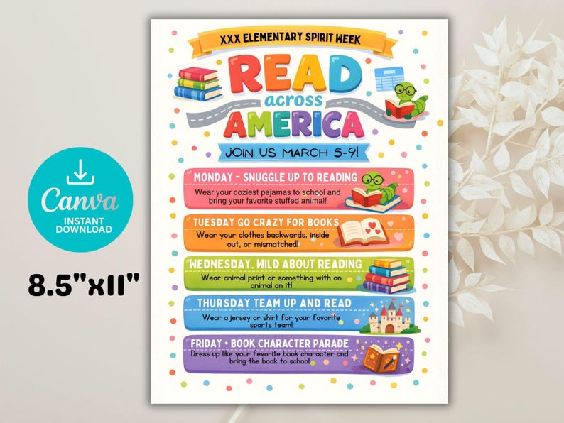 Reading Program Pto Reading America Spirit Week Flyer | Editable Canva Template (8.5x11in ...
