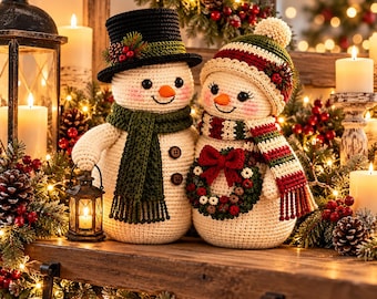 May include: Two crocheted snowman figures with cream-colored bodies. The left snowman wears a black top hat with berries and a dark green scarf, holding a small lantern. The right snowman wears a striped hat and scarf, holding a small wreath.