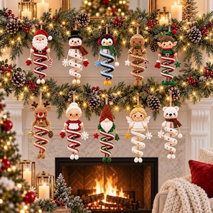 10 spiralformade julgranskulor i PDF-format, virkmönster för snögubbe, virkmönster för jultomten, hängande amigurumi-juldekorationer