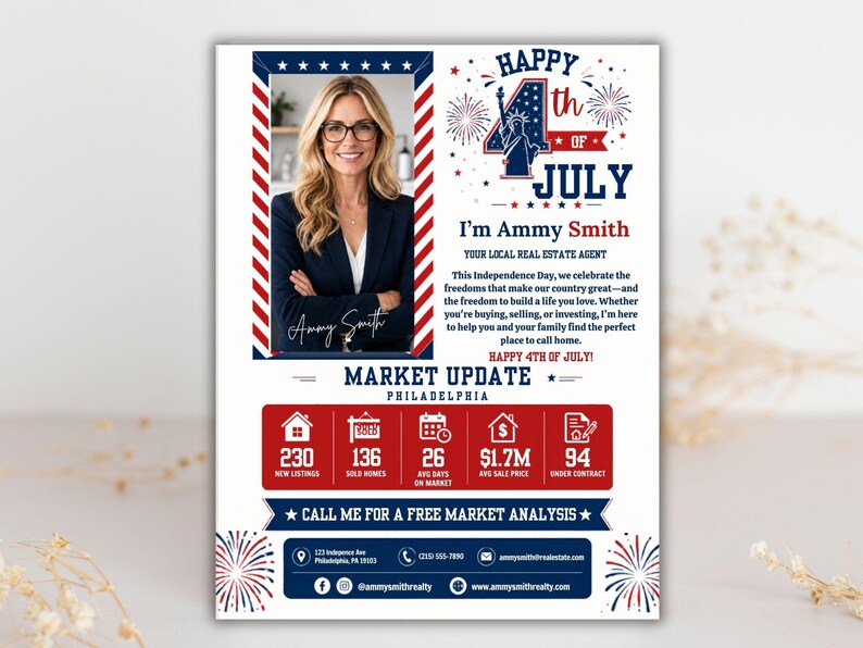 Puede incluir: Un folleto publicitario de Ammy Smith, agente inmobiliaria local, con una foto suya y gr&aacute;ficos del D&iacute;a de la Independencia. El folleto incluye estad&iacute;sticas de actualizaci&oacute;n del mercado de Filadelfia, el texto "Happy 4th of July!" e informaci&oacute;n de contacto.