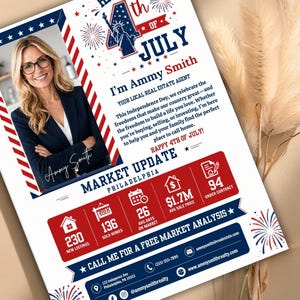 Puede incluir: Un folleto de actualizaci&oacute;n del mercado inmobiliario para Filadelfia, con una foto de Ammy Smith. El dise&ntilde;o incorpora elementos rojos, blancos y azules con fuegos artificiales y estrellas, celebrando el 4 de julio. Incluye datos del mercado e informaci&oacute;n de contacto.