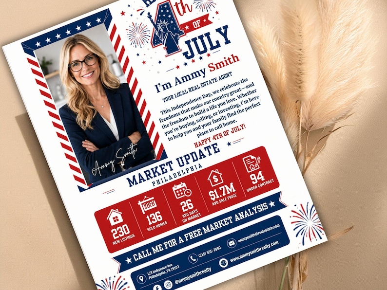 Puede incluir: Un folleto de actualizaci&oacute;n del mercado inmobiliario para Filadelfia, con una foto de Ammy Smith. El dise&ntilde;o incorpora elementos rojos, blancos y azules con fuegos artificiales y estrellas, celebrando el 4 de julio. Incluye datos del mercado e informaci&oacute;n de contacto.