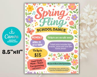 Folleto de baile de la escuela Spring Fling: Plantilla editable en CANVA (descarga digital) Evento de Pascua