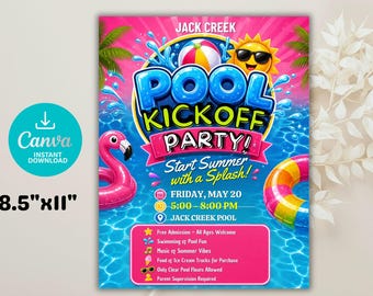 Plantilla de folleto para fiesta de inauguración de piscina / Invitación editable para fiesta de piscina de verano / Evento comunitario de la asociación de propietarios / Plantilla de Canva / Fiesta de apertura de piscina