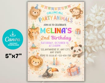 Invitación de cumpleaños con animales de fiesta, animales con sombreros, Canva editable (descarga digital)