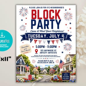 Può includere: Un volantino per una festa di quartiere il 4 luglio, con testo e grafiche di fuochi d'artificio in rosso, bianco e blu. Il volantino include i dettagli dell'evento, una scena stradale con case, bandiere americane e una nota per le sedie.