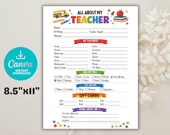 Cuestionario "Todo sobre mi profesor" / Plantilla de favoritos del profesor (Canva editable, descarga digital)