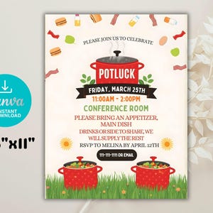 Może przedstawiać: Drukowane zaproszenie na spotkanie towarzyskie. Projekt przedstawia czerwony garnek z parą, słowo "POTLUCK" i szczegóły wydarzenia. Zaproszenie ma wymiary 21,6 cm x 27,9 cm i zawiera logo Canva.