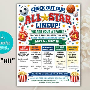 Sports All-Star Teacher Appreciation Week Itinerary Poster (Editable Canva Template, 8.5x11in Digital Download)