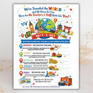 International Theme Teacher Appreciation Week Itinerary Flyer (canva ...