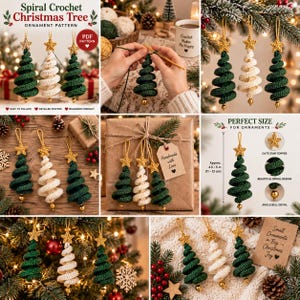 May include: A digital pattern for spiral crochet Christmas tree ornaments. The design features green and cream-colored yarn trees topped with gold stars and finished with a gold jingle bell. The ornaments measure approximately 4.5 to 5 inches.