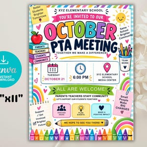 May include: A colorful 8.5"x11" flyer for an October PTA meeting at XYZ Elementary School. The design features a stack of books, a pencil cup, a calendar, a clock, and a location pin. Text includes "Together We Make A Difference" and "All Are Welcome" with various school-themed icons and a border of crayons.
