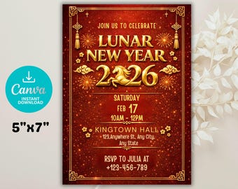 Invitación de Año Nuevo Lunar 2026, Caballo de Fuego, Canva editable (descarga digital)