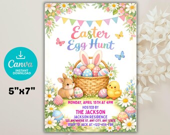 Invitación floral de búsqueda de huevos de Pascua (conejito y pollito) (Canva editable)