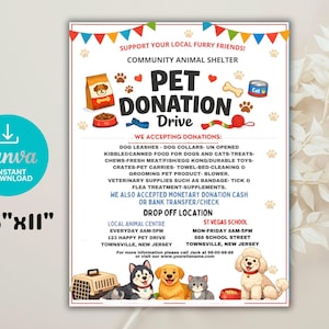 Editable Pet Donation Drive Flyer Template, Support Local Animal Shelter Community Charity Digital Printable