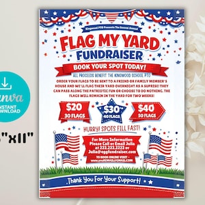Puede incluir: Un folleto patriótico para una recaudación de fondos de Flag My Yard, con colores rojo, blanco y azul. El folleto incluye texto, ilustraciones de banderas americanas y opciones de precios para cantidades de banderas. El folleto mide 21,59 cm x 27,94 cm.