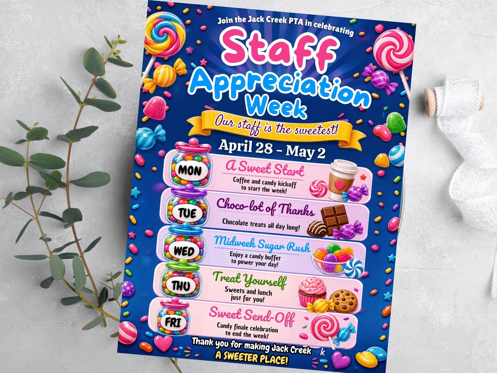 Staff Appreciation Week Candy Theme Flyer | Teacher Appreciation Week ...