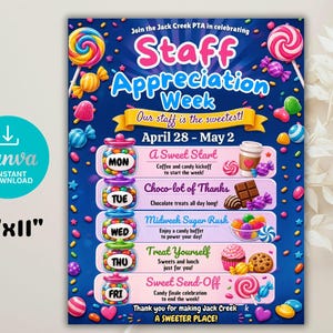Puede incluir: Un colorido póster de la Semana de Apreciación del Personal con un fondo azul, que presenta ilustraciones de caramelos y texto. El póster incluye el logotipo de Canva, las fechas y temas diarios como "A Sweet Start". El póster mide 21,6 cm x 27,9 cm.