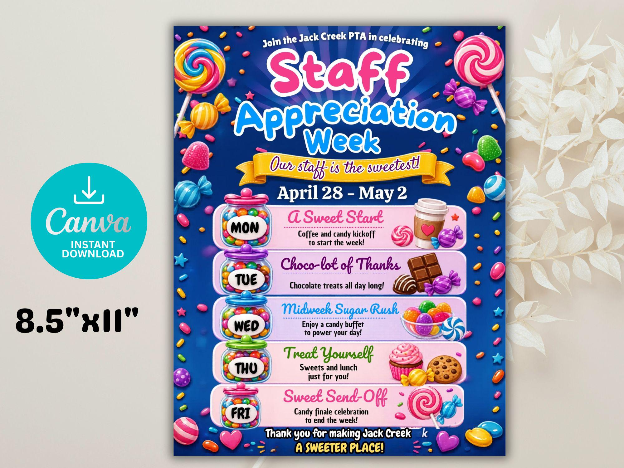 Staff Appreciation Week Candy Theme Flyer | Teacher Appreciation Week ...