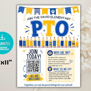 Op de afbeelding: Een flyer voor de David Elementary PTO, met blauwe en gele graphics en tekst. Het promoot het lid worden van de PTO met een QR-code en de woorden "Join Today!". De flyer is 21,6 cm x 27,9 cm groot.