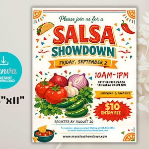 May include: A colorful flyer for a Salsa Showdown event. The design features the text "SALSA SHOWDOWN" in large, bold letters, along with illustrations of tomatoes, onions, jalapeños, and a taco. The flyer is 8.5" x 11" in size.