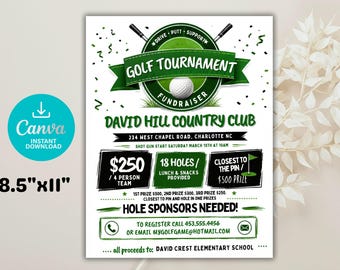 Folleto para recaudar fondos para un torneo de golf, plantilla editable para torneo de golf, recaudación de fondos para organizaciones benéficas de iglesias y escuelas, anuncio de torneo de golf