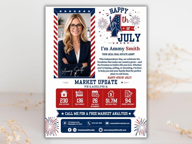 Puede incluir: Anuncio inmobiliario para Ammy Smith, agente local, con una foto suya y el texto "Happy 4th of July". El dise&ntilde;o incluye elementos rojos, blancos y azules, fuegos artificiales y estad&iacute;sticas de actualizaci&oacute;n del mercado.