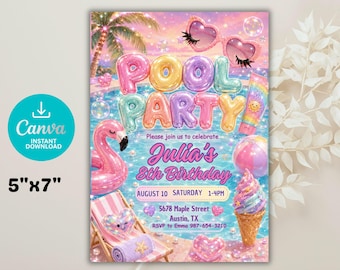 Invitación de cumpleaños para fiesta en la piscina en tonos pastel, invitación para fiesta de verano con purpurina para niñas, plantilla editable holográfica para fiesta infantil en la piscina (descargable)