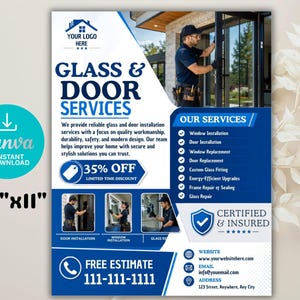 Puede incluir: Una plantilla de folleto azul y blanca para servicios de vidrio y puertas que mide 21,6 cm por 27,9 cm. El folleto incluye texto como Glass & Door Services, Our Services, Certified & Insured y espacios para información de contacto.
