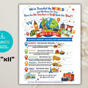 Puede incluir: Un folleto colorido para la Semana de Apreciación de Maestros y Personal de Westfield Elementary, del 4 al 8 de mayo de 20XX. El diseño presenta ilustraciones temáticas de viajes, con el texto "We've Traveled the WORLD". El folleto mide 21,6 x 27,9 cm.